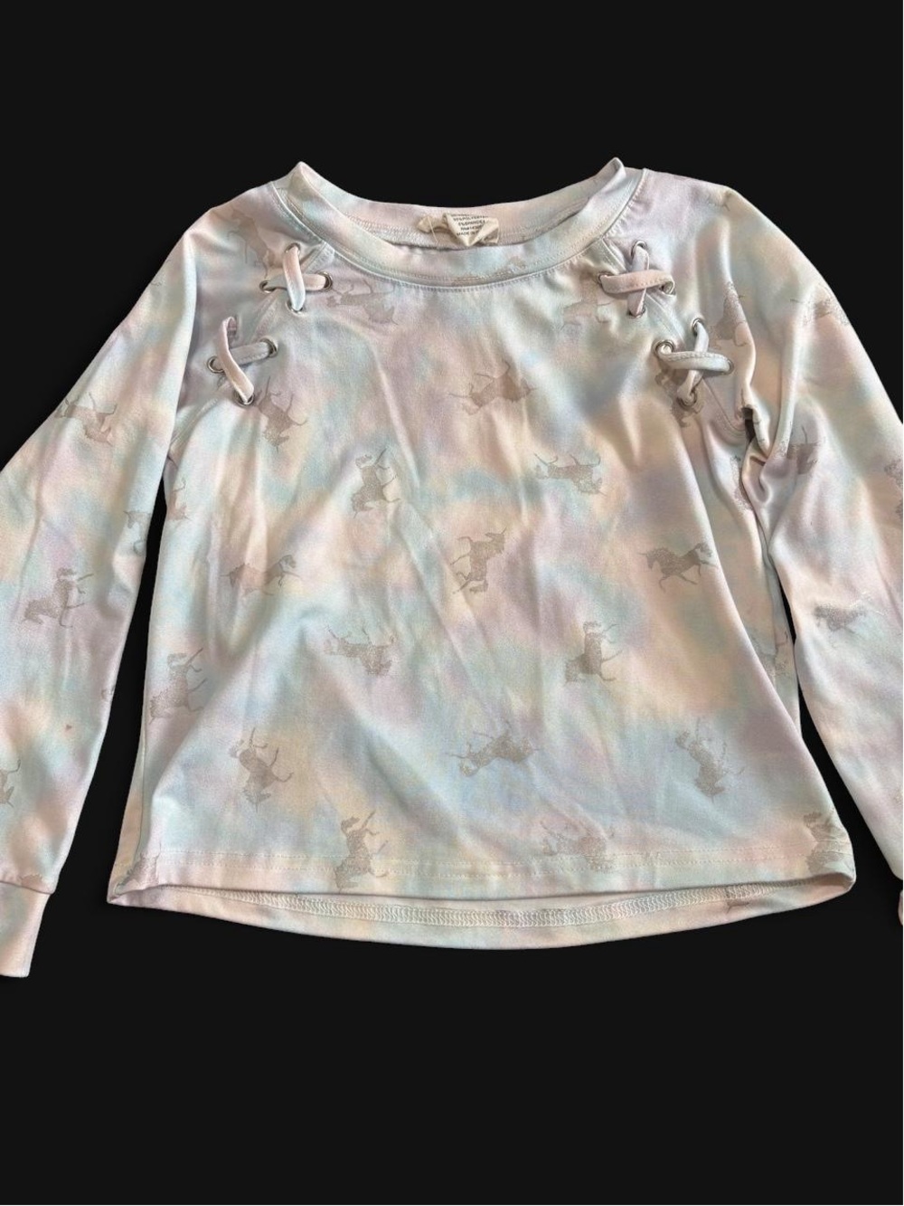 Emma & Elsa Girls' Pastel Tie-Dye Long Sleeve Top with Horses and Lace-Up